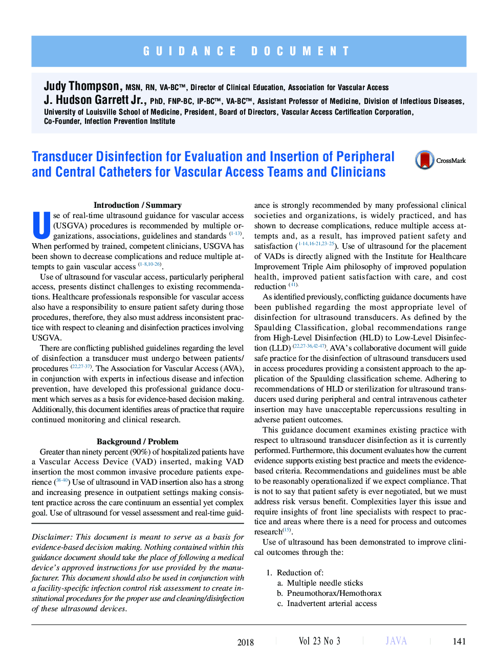 Transducer Disinfection for Evaluation and Insertion of Peripheral and Central Catheters for Vascular Access Teams and Clinicians