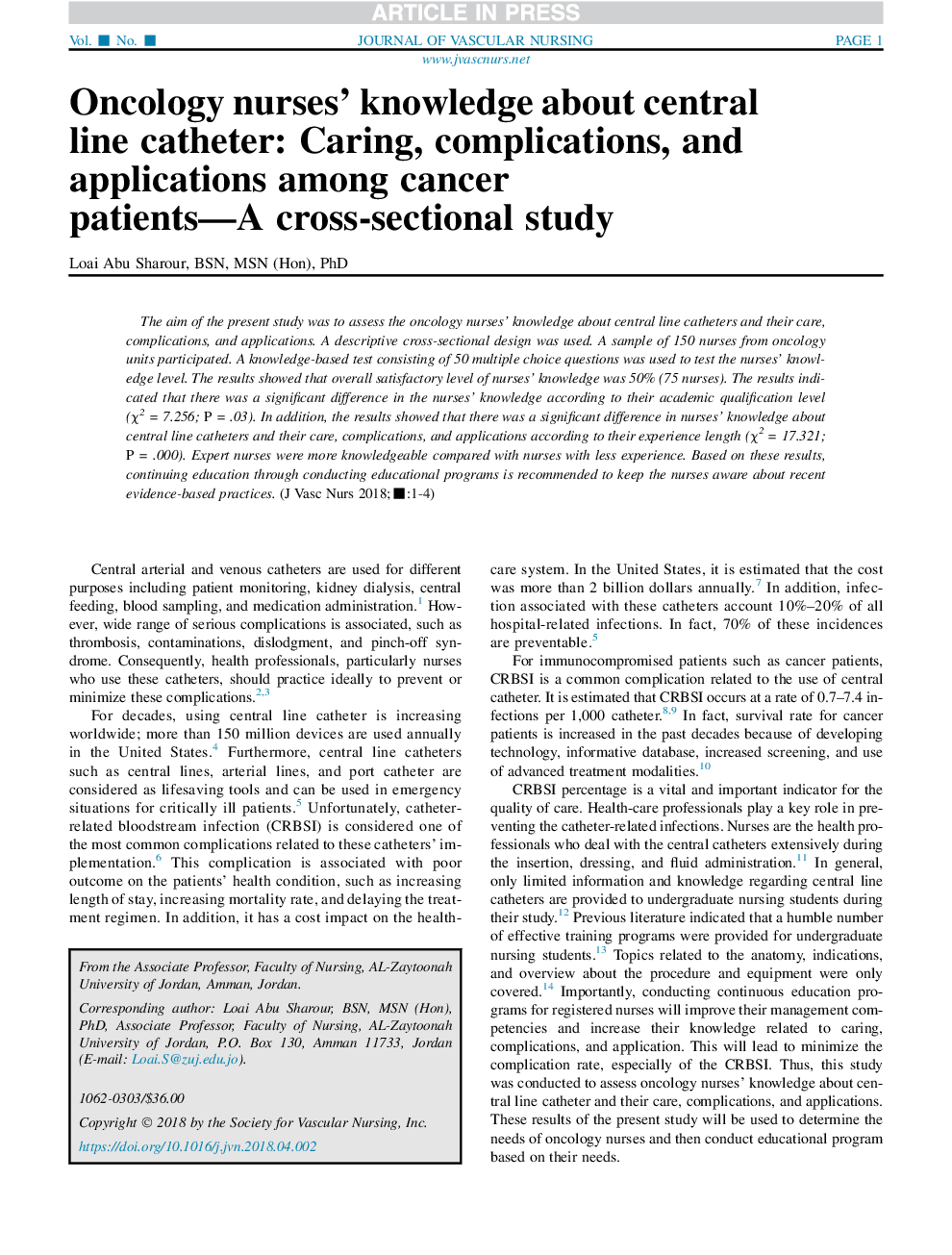 Oncology nurses' knowledge about central line catheter: Caring, complications, and applications among cancer patients-A cross-sectional study