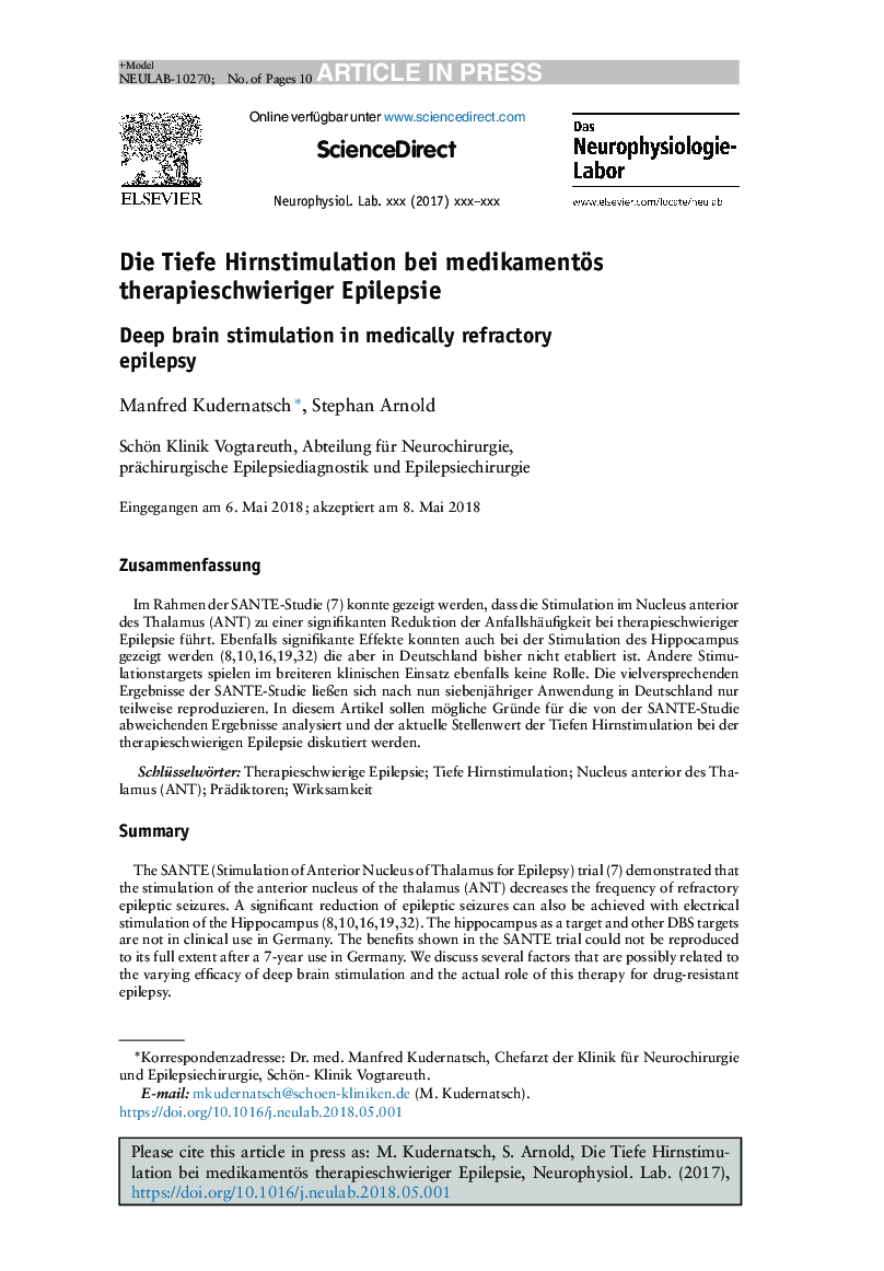 Die Tiefe Hirnstimulation bei medikamentös therapieschwieriger Epilepsie