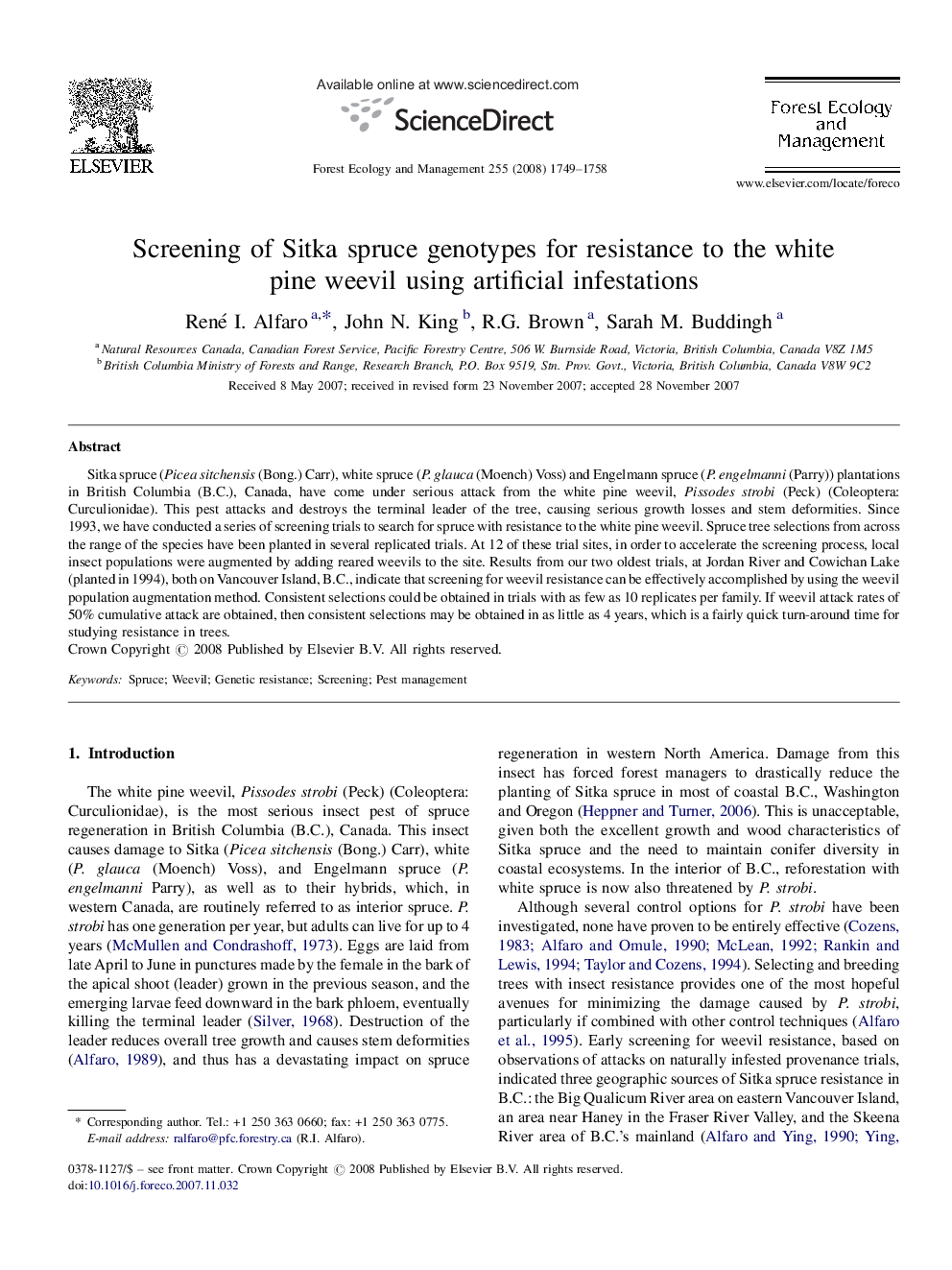 Screening of Sitka spruce genotypes for resistance to the white pine weevil using artificial infestations