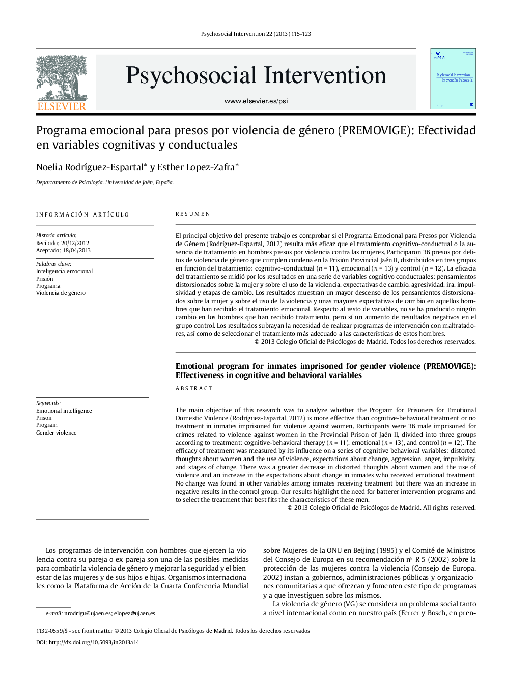 Programa emocional para presos por violencia de género (PREMOVIGE): Efectividad en variables cognitivas y conductuales