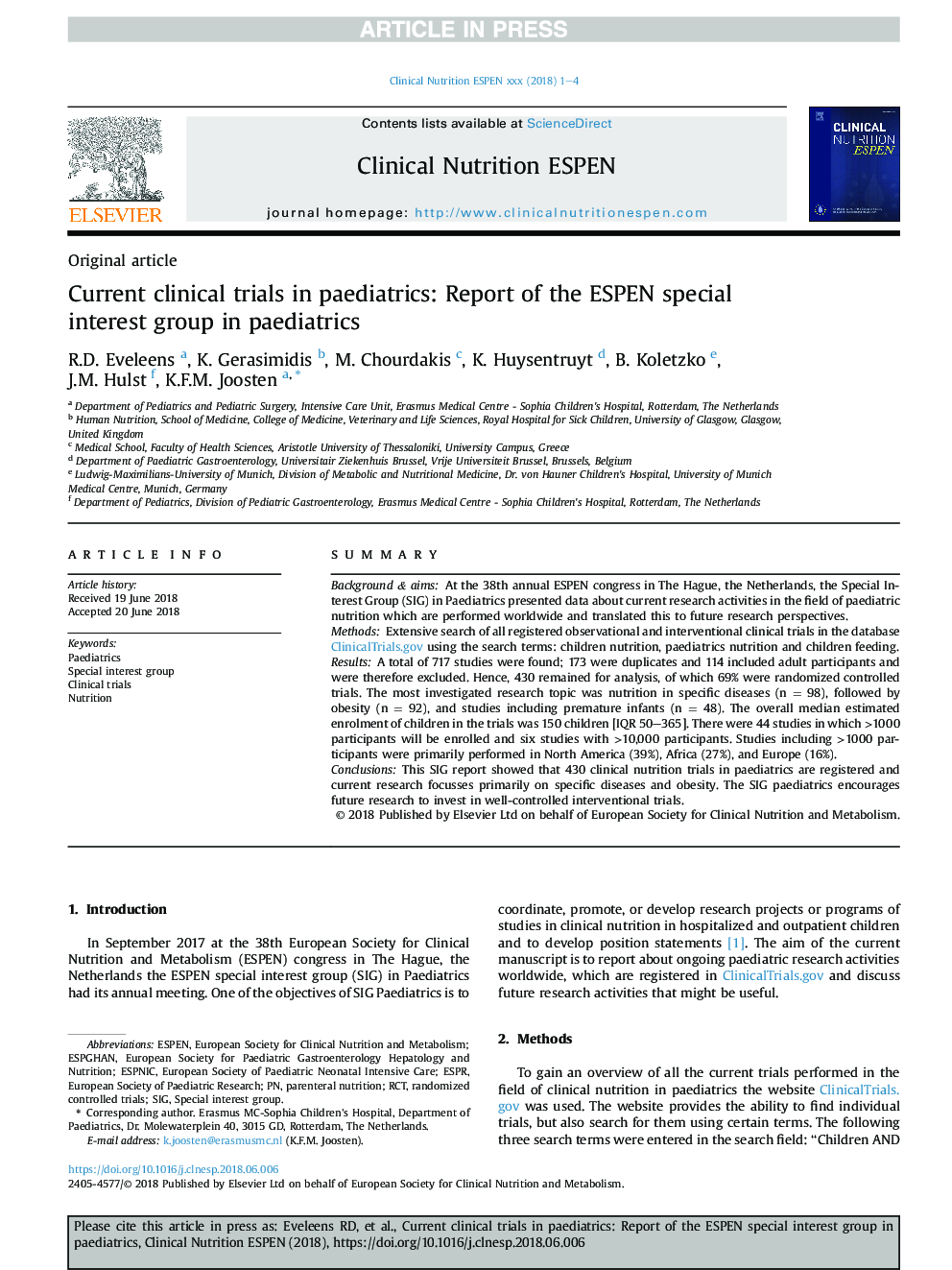 Current clinical trials in paediatrics: Report of the ESPEN special interest group in paediatrics