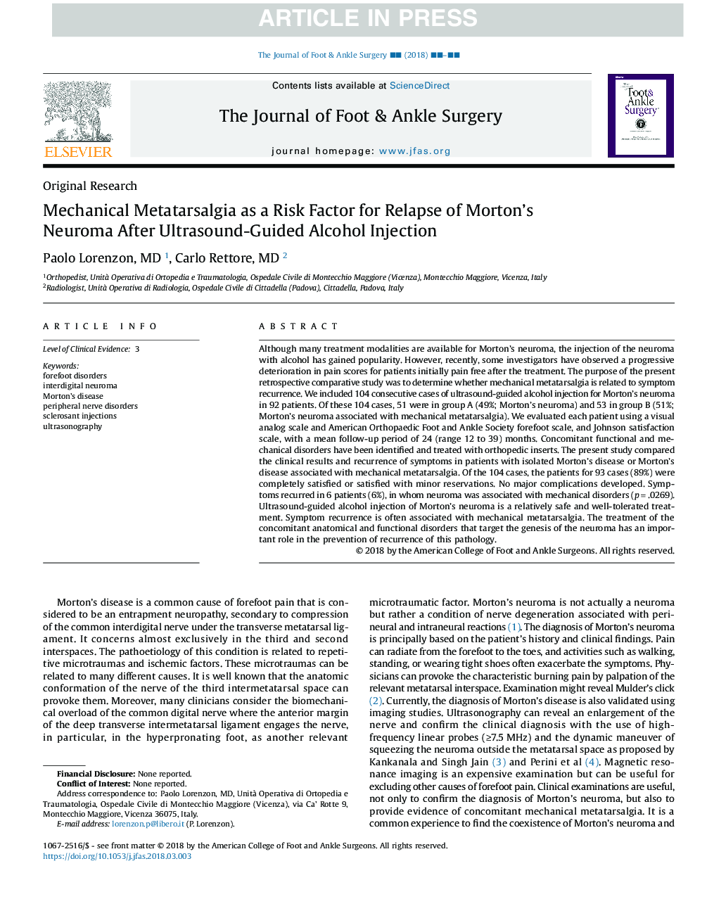 Mechanical Metatarsalgia as a Risk Factor for Relapse of Morton's Neuroma After Ultrasound-Guided Alcohol Injection