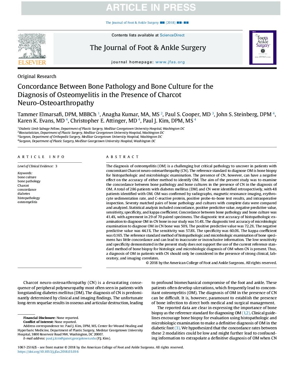 Concordance Between Bone Pathology and Bone Culture for the Diagnosis of Osteomyelitis in the Presence of Charcot Neuro-Osteoarthropathy