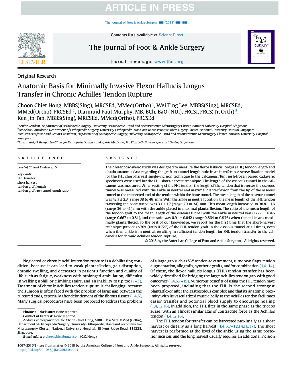 Anatomic Basis for Minimally Invasive Flexor Hallucis Longus Transfer in Chronic Achilles Tendon Rupture