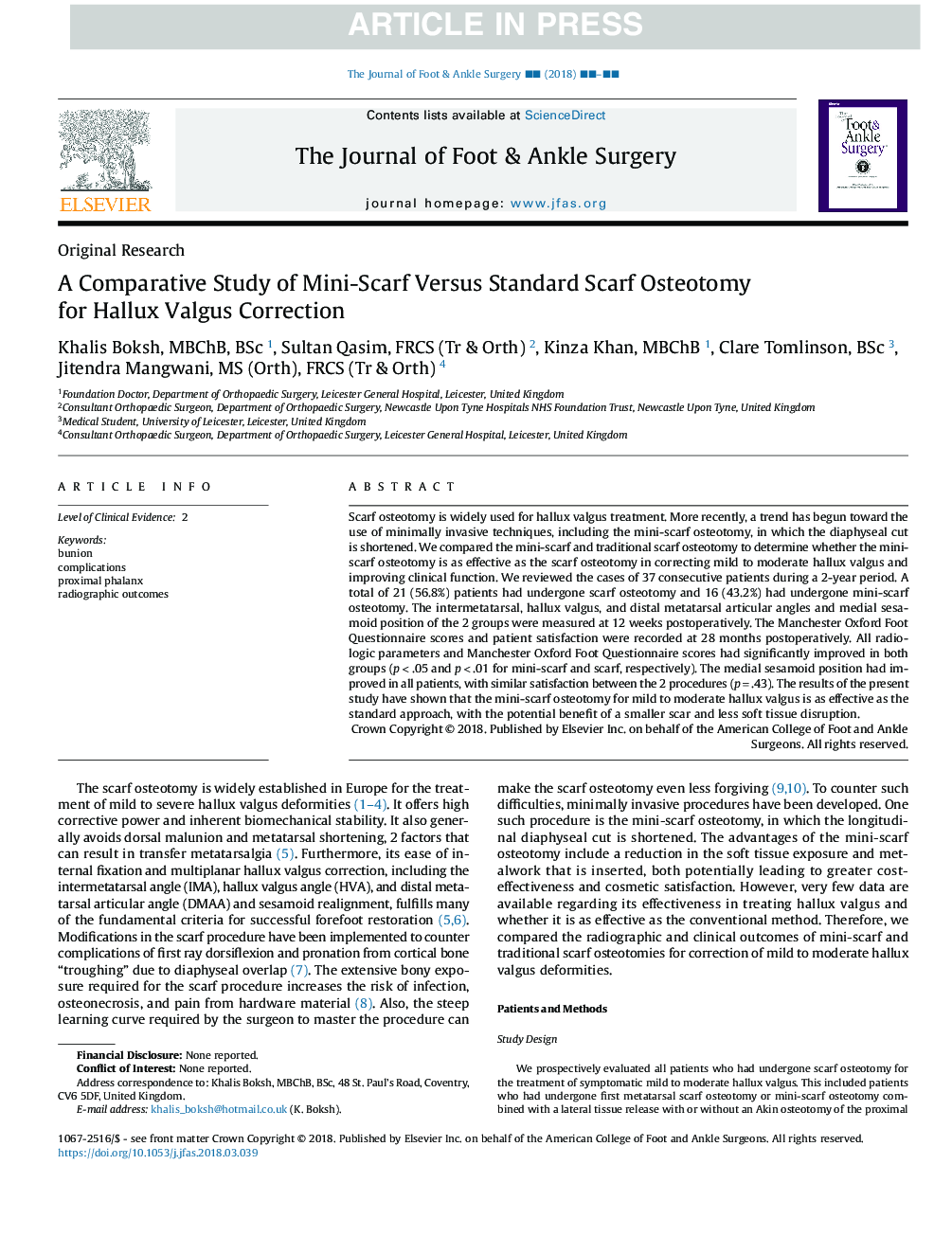 A Comparative Study of Mini-Scarf Versus Standard Scarf Osteotomy for Hallux Valgus Correction