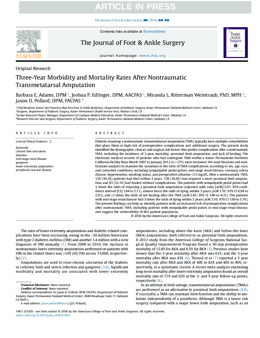 Three-Year Morbidity and Mortality Rates After Nontraumatic Transmetatarsal Amputation