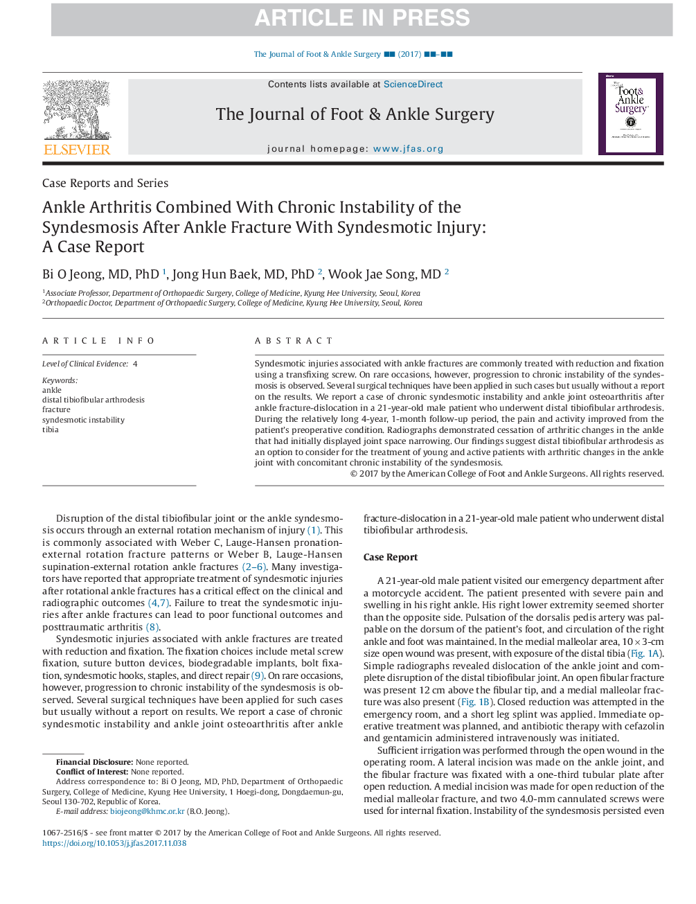 Ankle Arthritis Combined With Chronic Instability of the Syndesmosis After Ankle Fracture With Syndesmotic Injury: A Case Report