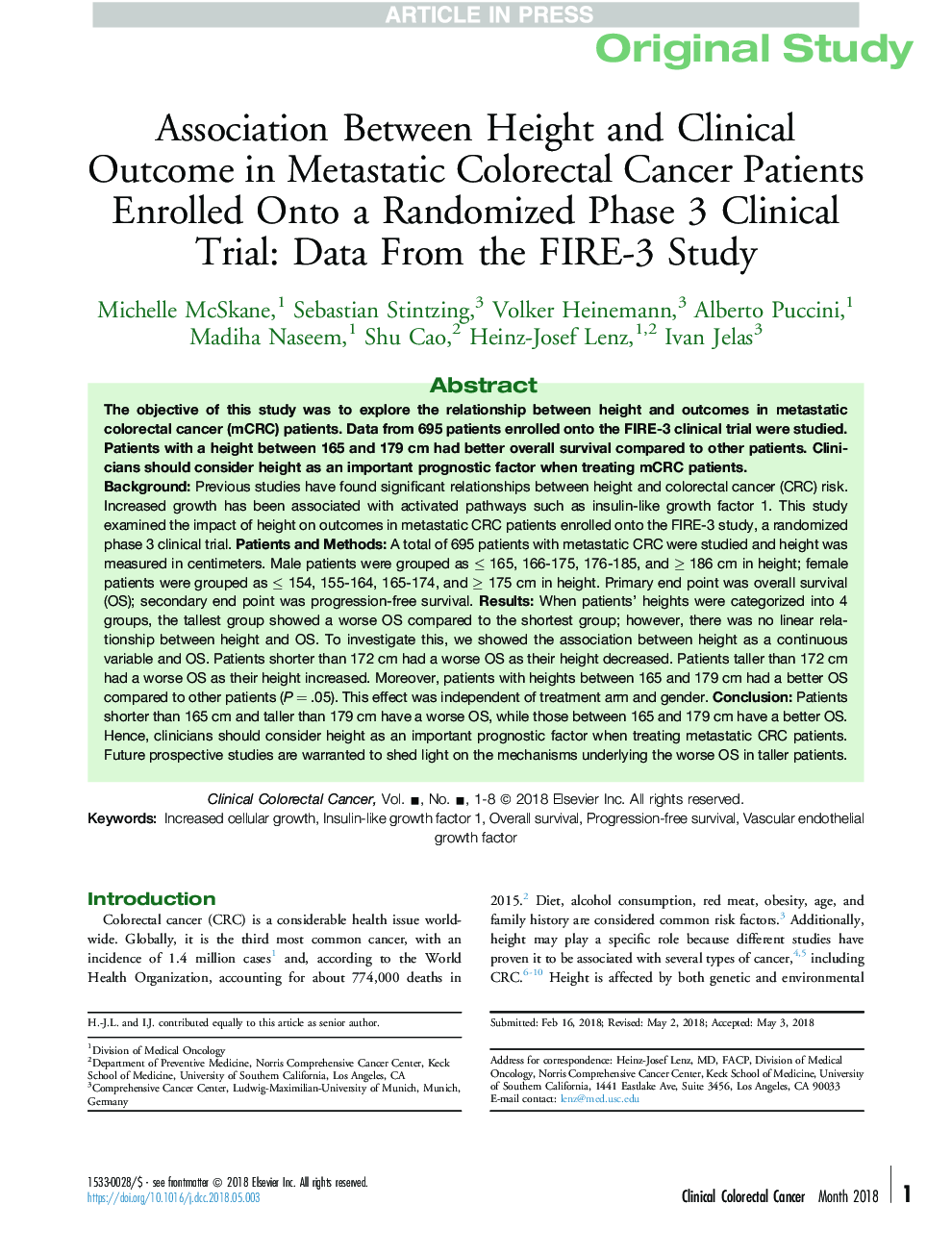 Association Between Height and Clinical Outcome in Metastatic Colorectal Cancer Patients Enrolled Onto a Randomized Phase 3 Clinical Trial: Data From the FIRE-3 Study