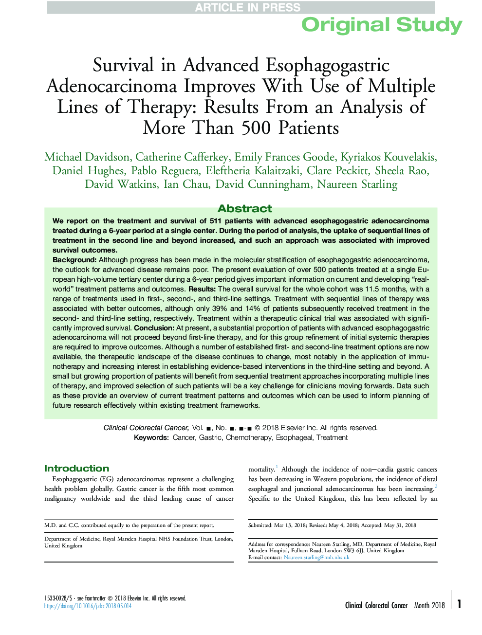 Survival in Advanced Esophagogastric Adenocarcinoma Improves With Use of Multiple Lines of Therapy: Results From an Analysis of More Than 500 Patients