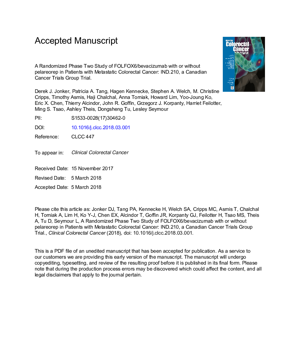 عکس صفحه اول مقاله: A Randomized Phase II Study of FOLFOX6/Bevacizumab With or Without Pelareorep in Patients With Metastatic Colorectal Cancer: IND.210, a Canadian Cancer Trials Group Trial A Randomized Phase II Study of FOLFOX6/Bevacizumab With or Without Pelareorep in Patients With Metastatic Colorectal Cancer: IND.210, a Canadian Cancer Trials Group Trial