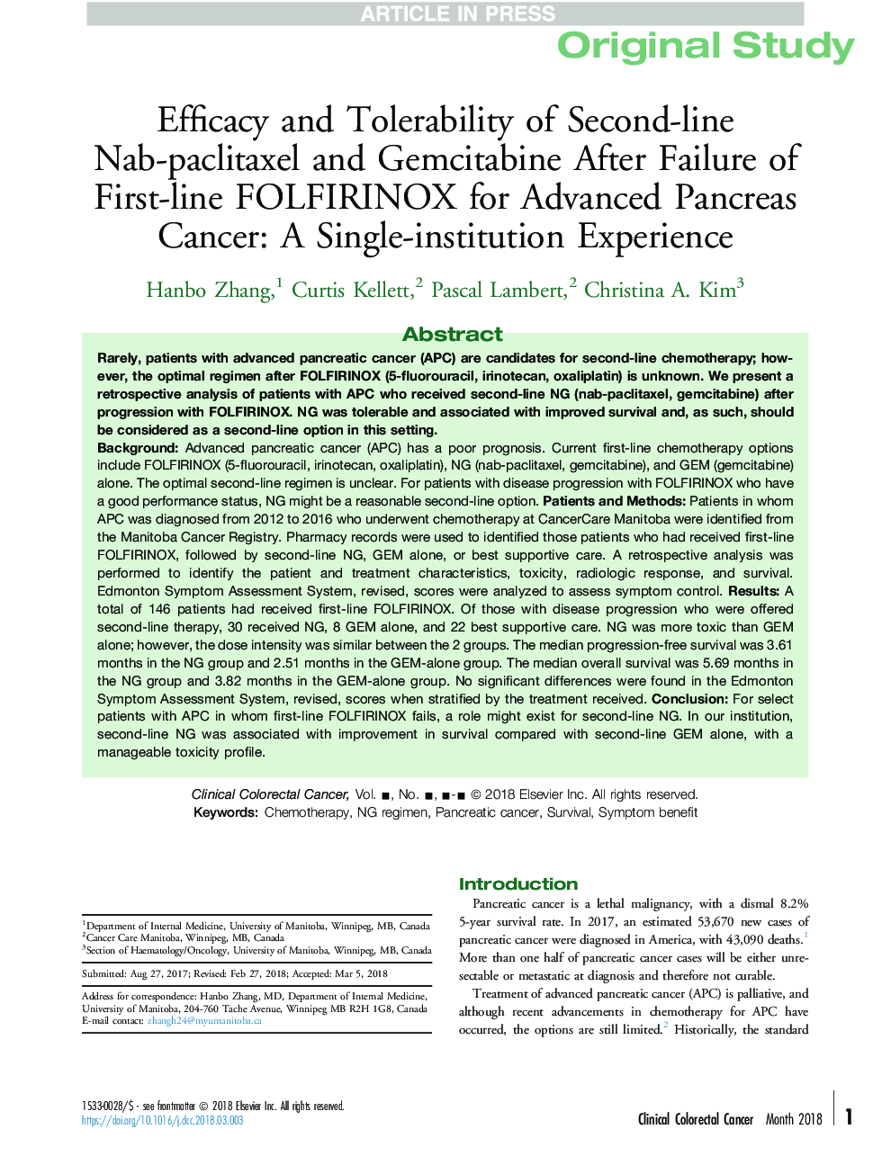 عکس صفحه اول مقاله: Efficacy and Tolerability of Second-line Nab-paclitaxel and Gemcitabine After Failure of First-line FOLFIRINOX for Advanced Pancreas Cancer: A Single-institution Experience Efficacy and Tolerability of Second-line Nab-paclitaxel and Gemcitabine After Failure of First-line FOLFIRINOX for Advanced Pancreas Cancer: A Single-institution Experience