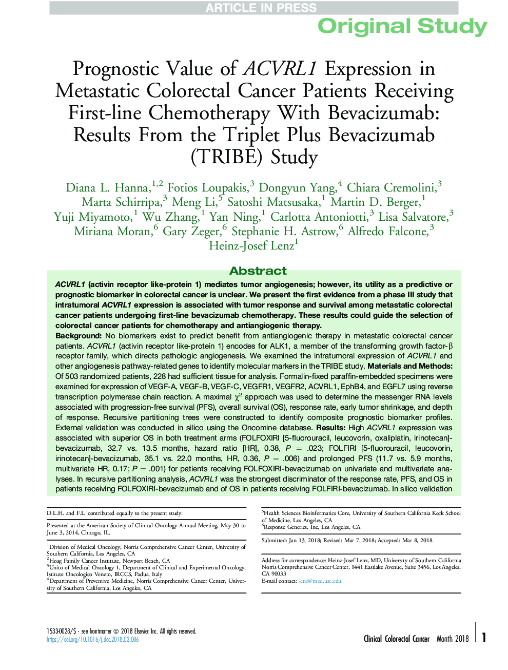 Prognostic Value of ACVRL1 Expression in Metastatic Colorectal Cancer Patients Receiving First-line Chemotherapy With Bevacizumab: Results From the Triplet Plus Bevacizumab (TRIBE) Study