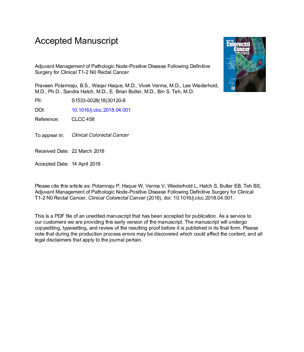 عکس صفحه اول مقاله: Adjuvant Management of Pathologic Node-Positive Disease After Definitive Surgery for Clinical T1-2 N0 Rectal Cancer Adjuvant Management of Pathologic Node-Positive Disease After Definitive Surgery for Clinical T1-2 N0 Rectal Cancer