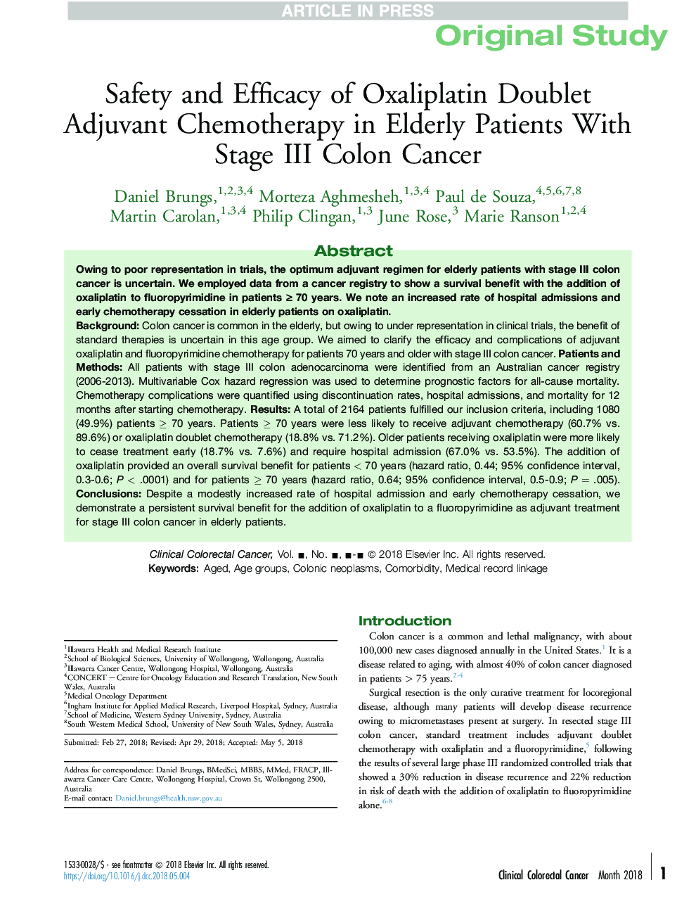 Safety and Efficacy of Oxaliplatin Doublet Adjuvant Chemotherapy in Elderly Patients With Stage III Colon Cancer