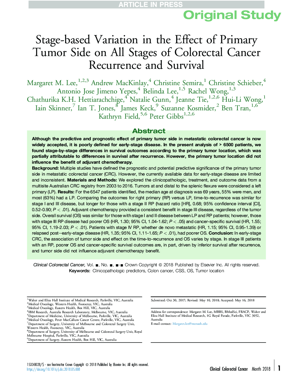متغیر مبتنی بر مرحله در اثر تومور اولیه در تمام مراحل سرطان کولورکتال عود و بقا