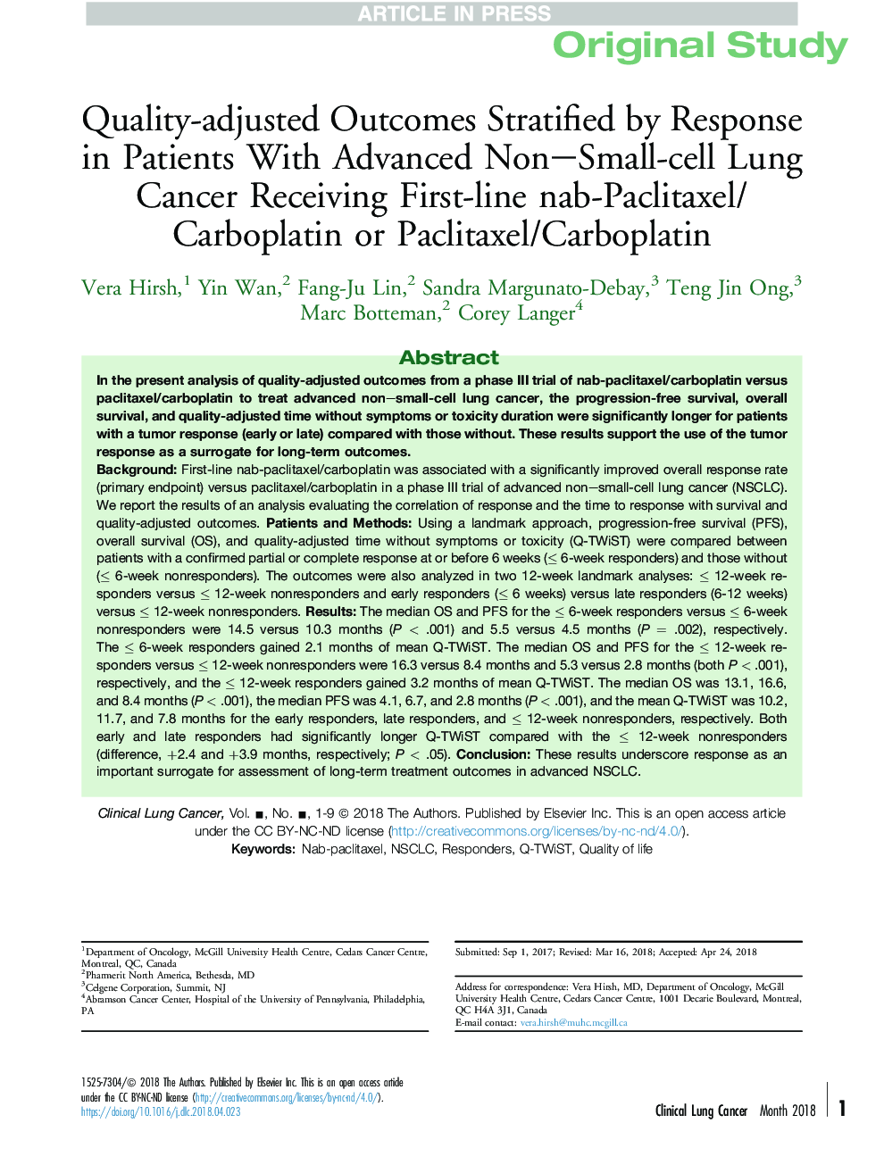 Quality-adjusted Outcomes Stratified by Response in Patients With Advanced Non-Small-cell Lung Cancer Receiving First-line nab-Paclitaxel/Carboplatin or Paclitaxel/Carboplatin