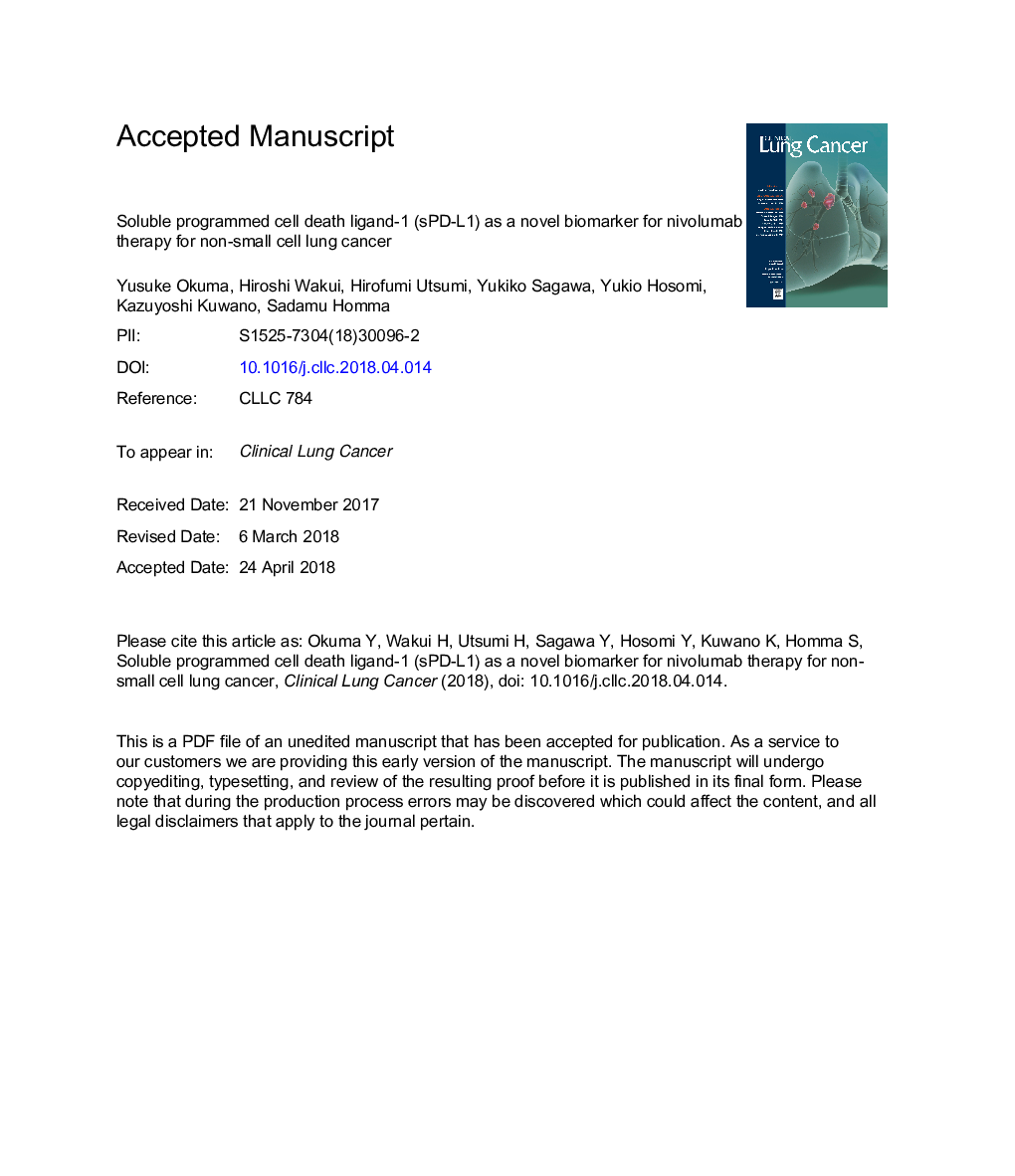 Soluble Programmed Cell Death Ligand 1 as a Novel Biomarker for Nivolumab Therapy for Non-Small-cell Lung Cancer