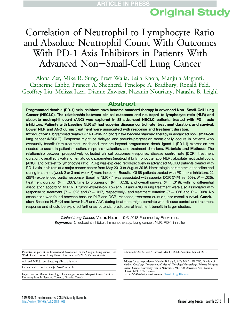 Correlation of Neutrophil to Lymphocyte Ratio and Absolute Neutrophil Count With Outcomes With PD-1 Axis Inhibitors in Patients With Advanced Non-Small-Cell Lung Cancer