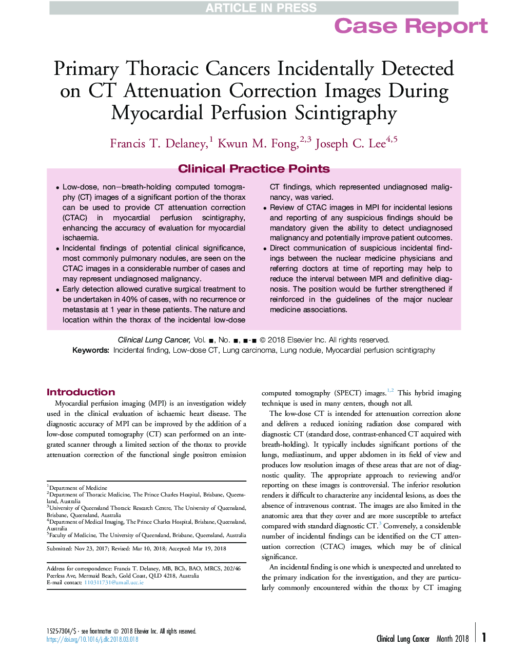 Primary Thoracic Cancers Incidentally Detected on CT Attenuation Correction Images During Myocardial Perfusion Scintigraphy