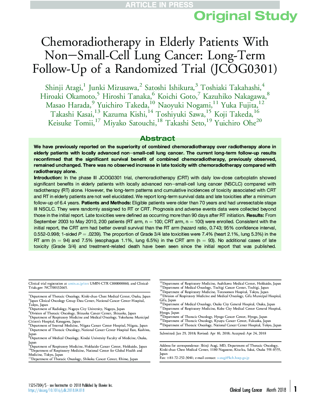 Chemoradiotherapy in Elderly Patients With Non-Small-Cell Lung Cancer: Long-Term Follow-Up of a Randomized Trial (JCOG0301)