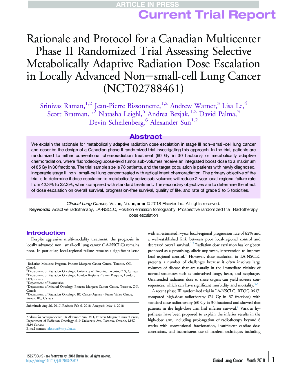 Rationale and Protocol for a Canadian Multicenter Phase II Randomized Trial Assessing Selective Metabolically Adaptive Radiation Dose Escalation in Locally Advanced Non-small-cell Lung Cancer (NCT02788461)