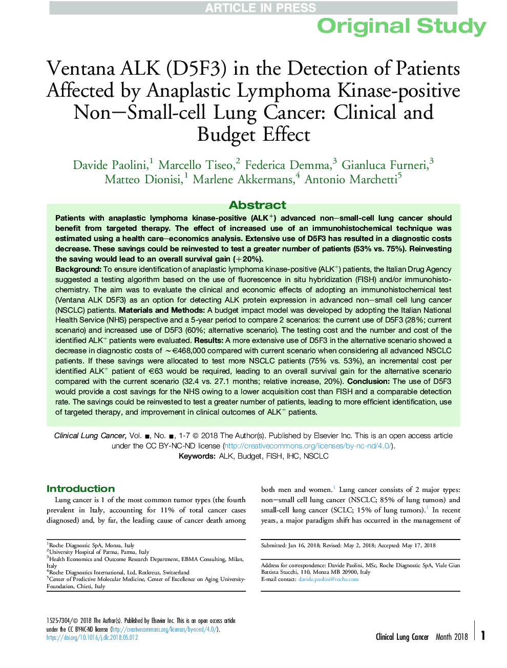 Ventana ALK (D5F3) in the Detection of Patients Affected by Anaplastic Lymphoma Kinase-positive Non-Small-cell Lung Cancer: Clinical and Budget Effect