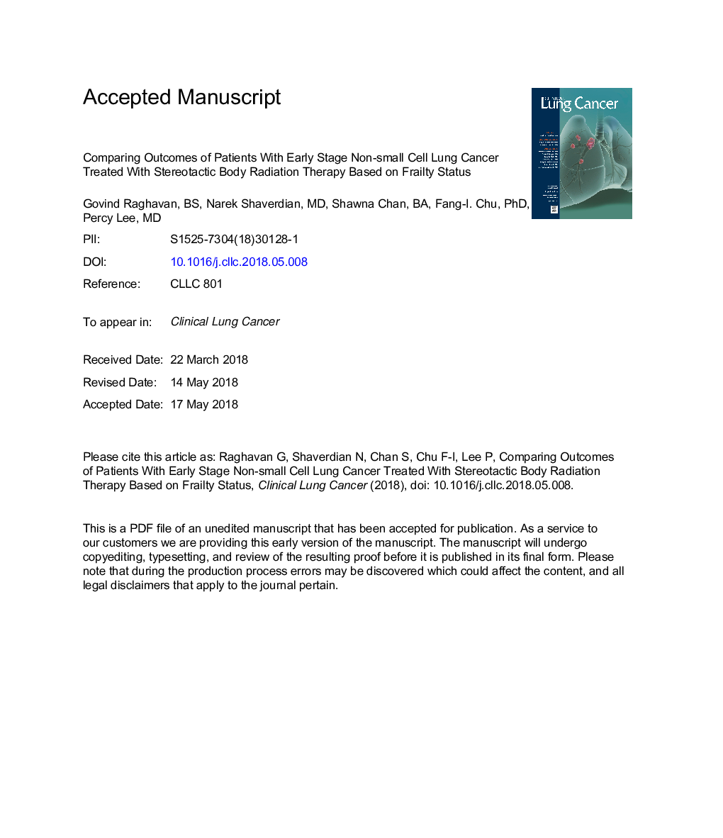 Comparing Outcomes of Patients With Early-Stage Non-Small-Cell Lung Cancer Treated With Stereotactic Body Radiotherapy Based on Frailty Status