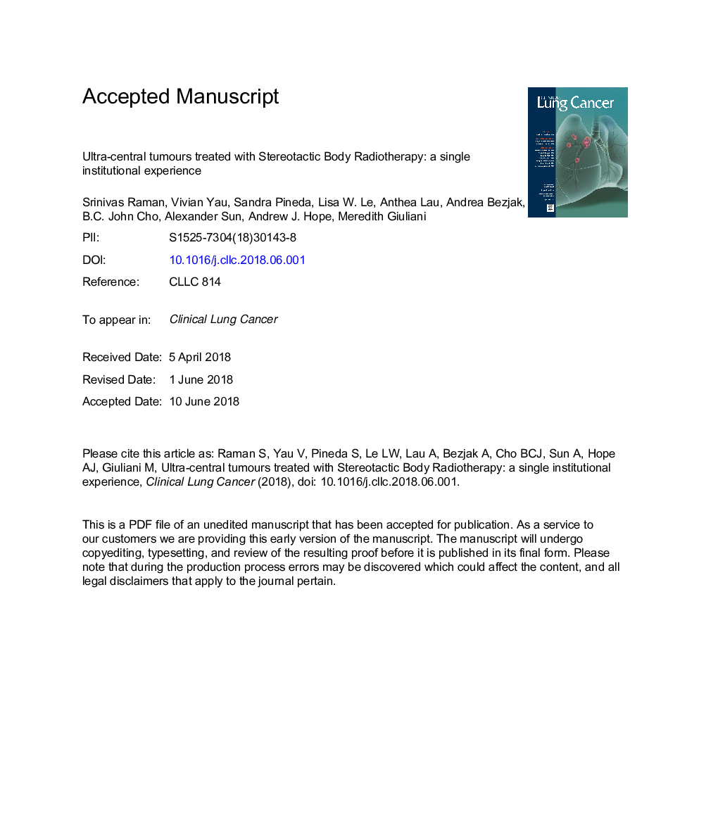 Ultracentral Tumors Treated With Stereotactic Body Radiotherapy: Single-Institution Experience