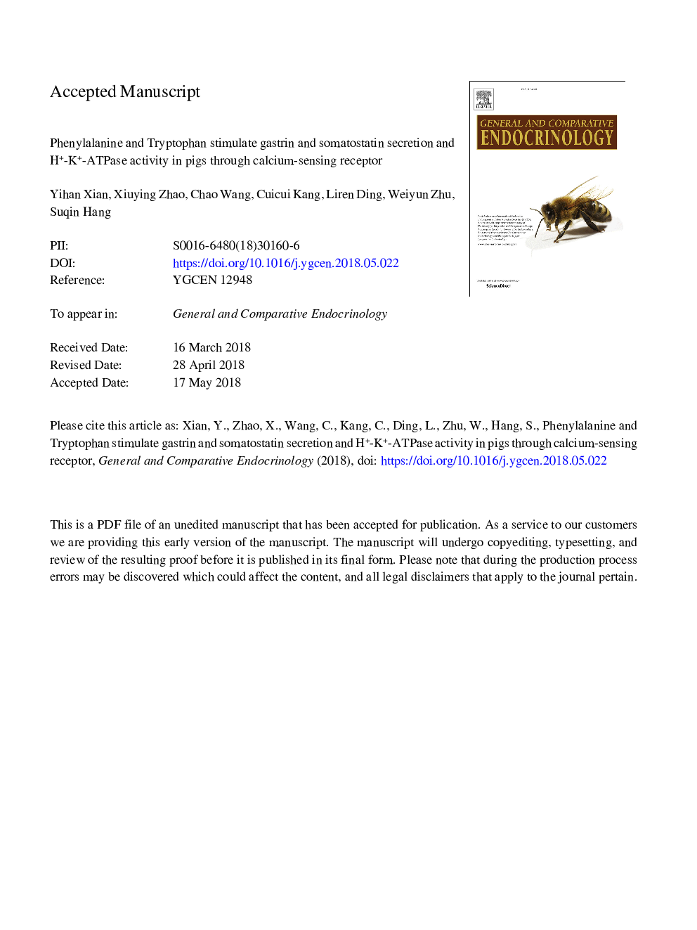 Phenylalanine and tryptophan stimulate gastrin and somatostatin secretion and H+-K+-ATPase activity in pigs through calcium-sensing receptor