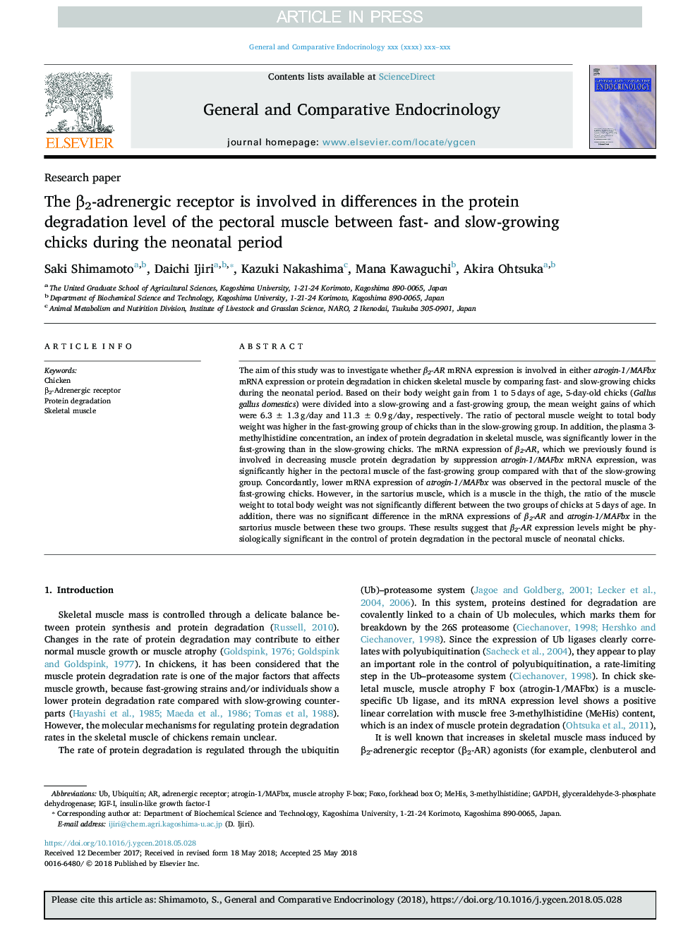 The Î²2-adrenergic receptor is involved in differences in the protein degradation level of the pectoral muscle between fast- and slow-growing chicks during the neonatal period