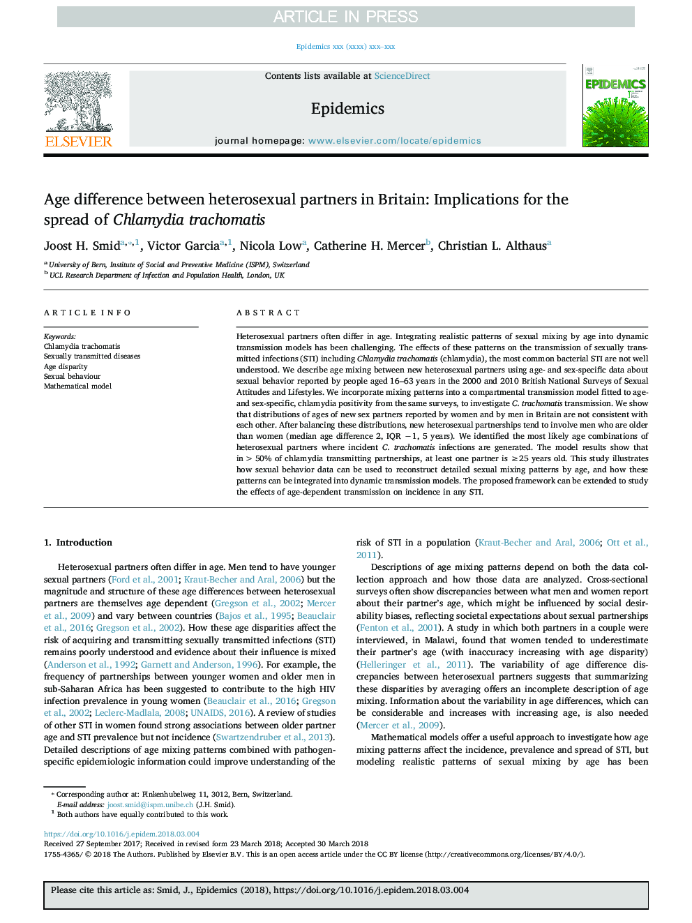 Age difference between heterosexual partners in Britain: Implications for the spread of Chlamydia trachomatis