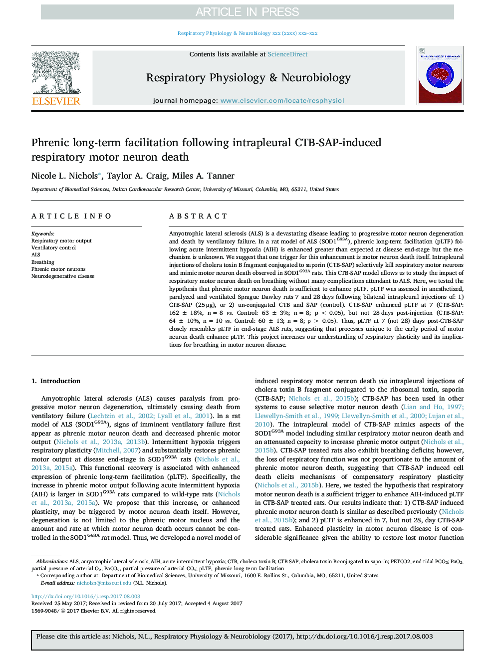 Phrenic long-term facilitation following intrapleural CTB-SAP-induced respiratory motor neuron death