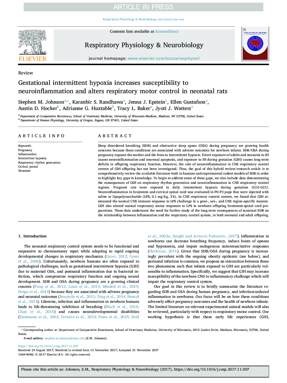 Gestational intermittent hypoxia increases susceptibility to neuroinflammation and alters respiratory motor control in neonatal rats