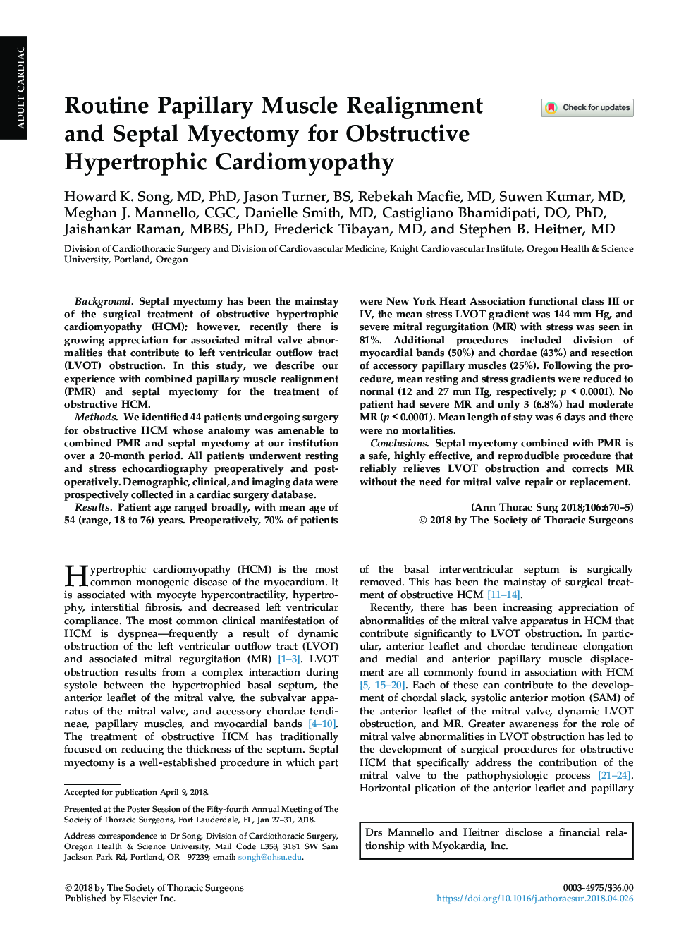 Routine Papillary Muscle Realignment and Septal Myectomy for Obstructive Hypertrophic Cardiomyopathy