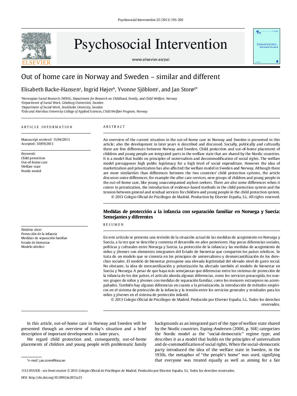 Out of home care in Norway and Sweden – similar and different
