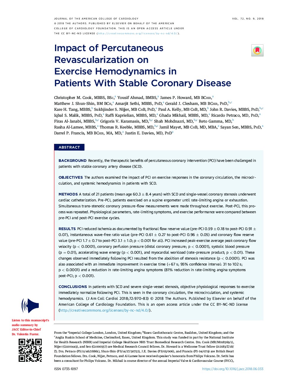 Impact of Percutaneous Revascularization on ExerciseÂ Hemodynamics in PatientsÂ WithÂ Stable Coronary Disease