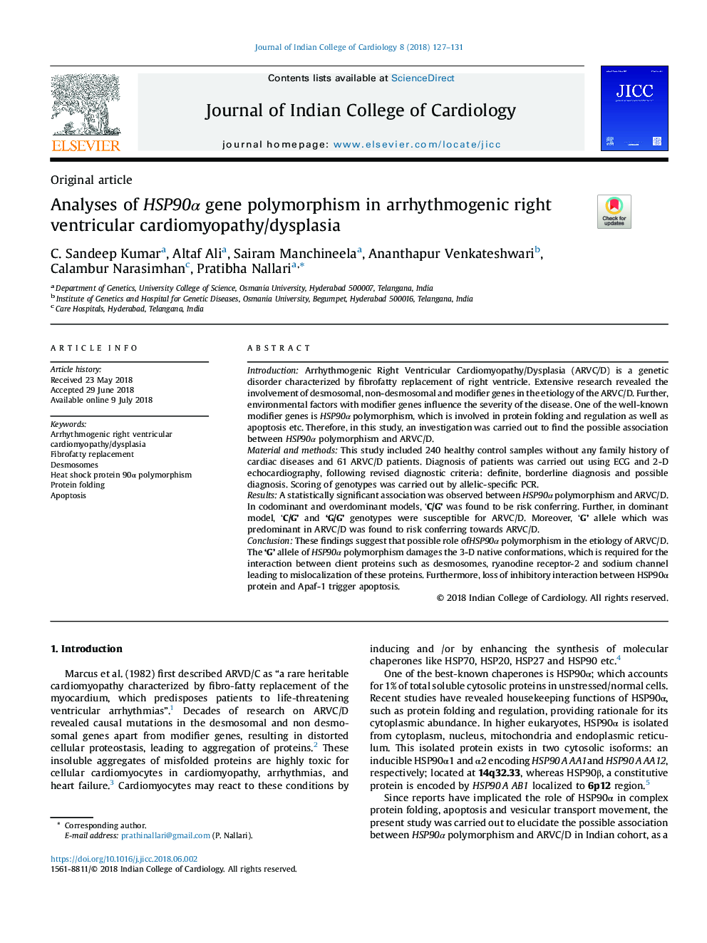 Analyses of HSP90Î± gene polymorphism in arrhythmogenic right ventricular cardiomyopathy/dysplasia