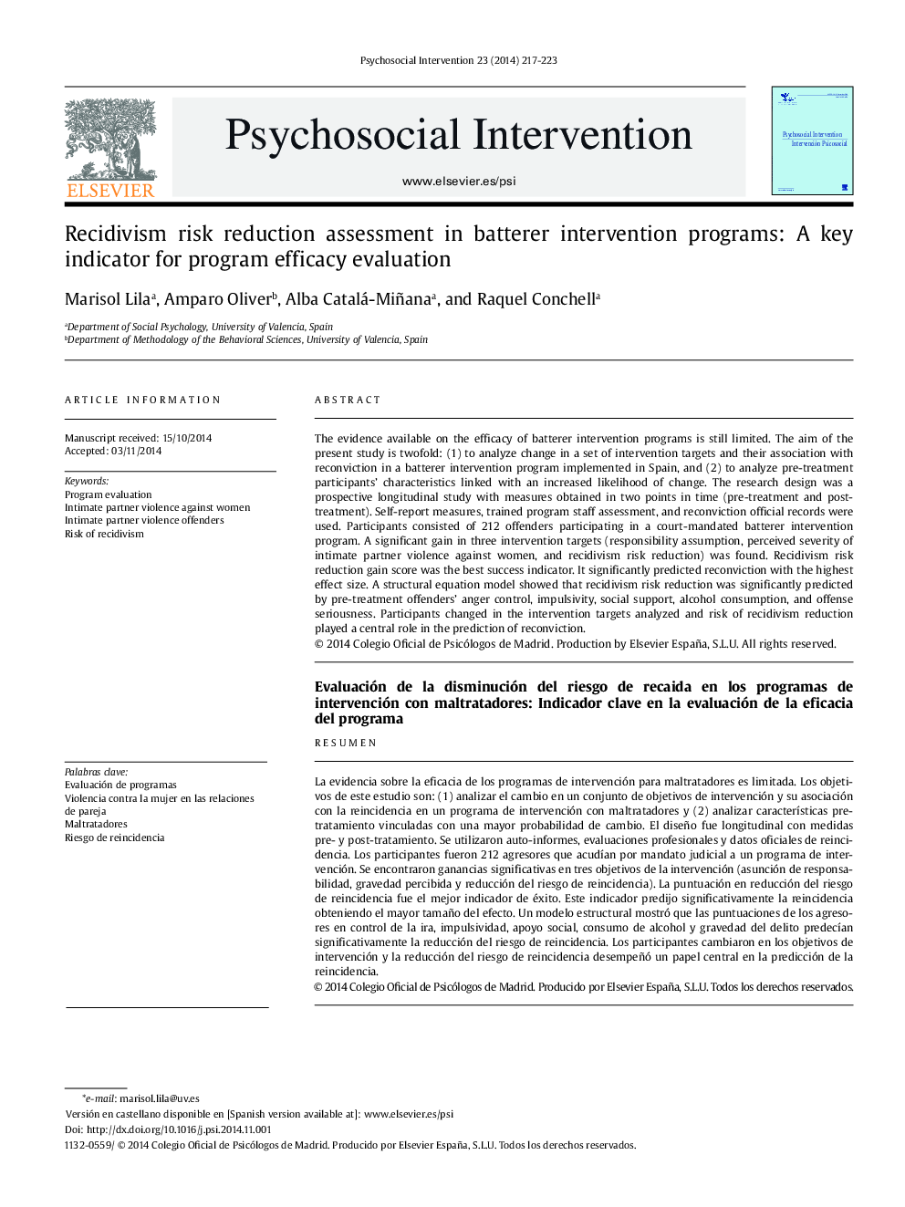 Recidivism risk reduction assessment in batterer intervention programs: A key indicator for program efficacy evaluation