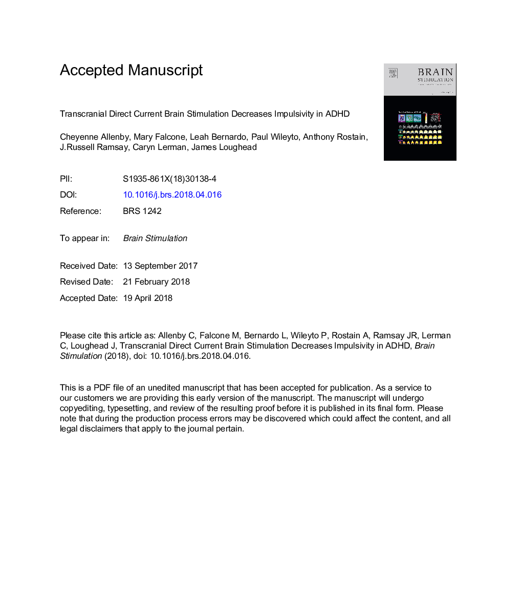 Transcranial direct current brain stimulation decreases impulsivity in ADHD