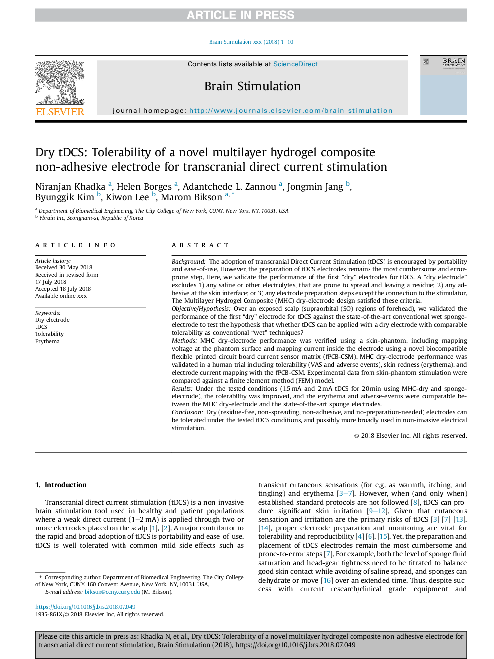 Dry tDCS: Tolerability of a novel multilayer hydrogel composite non-adhesive electrode for transcranial direct current stimulation