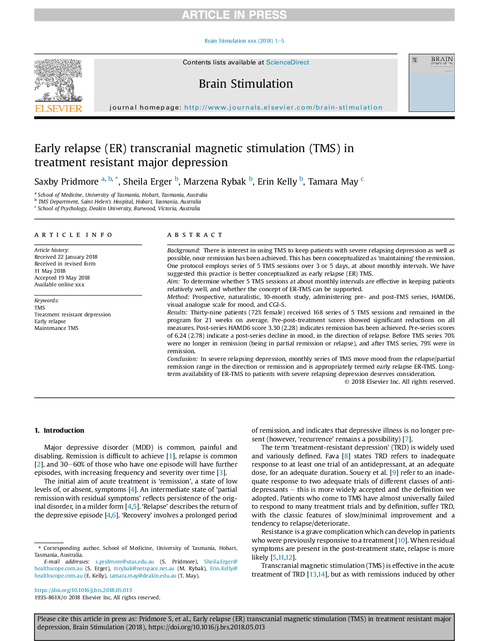 Early relapse (ER) transcranial magnetic stimulation (TMS) in treatment resistant major depression