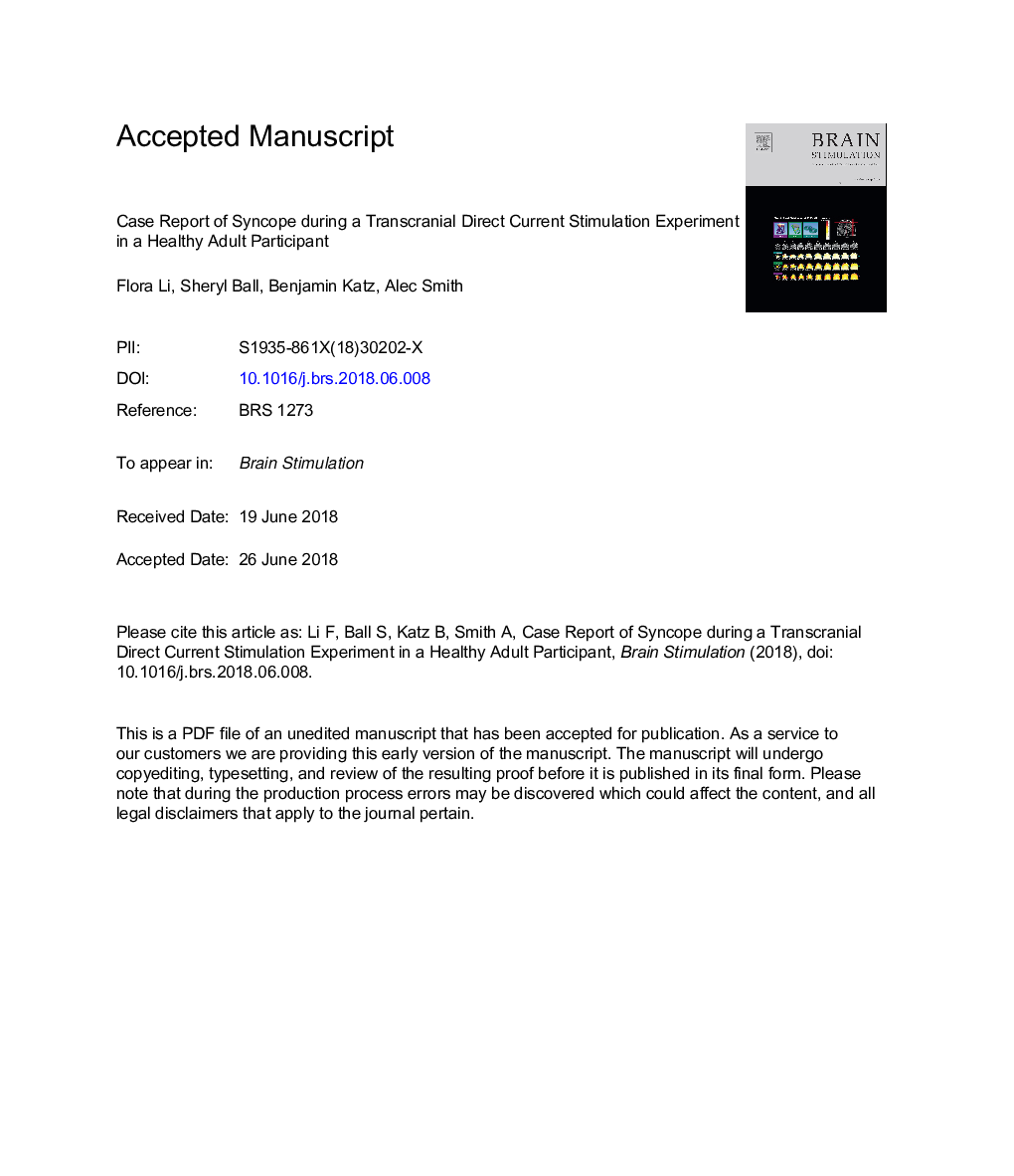 Case report of syncope during a transcranial direct current stimulation experiment in a healthy adult participant