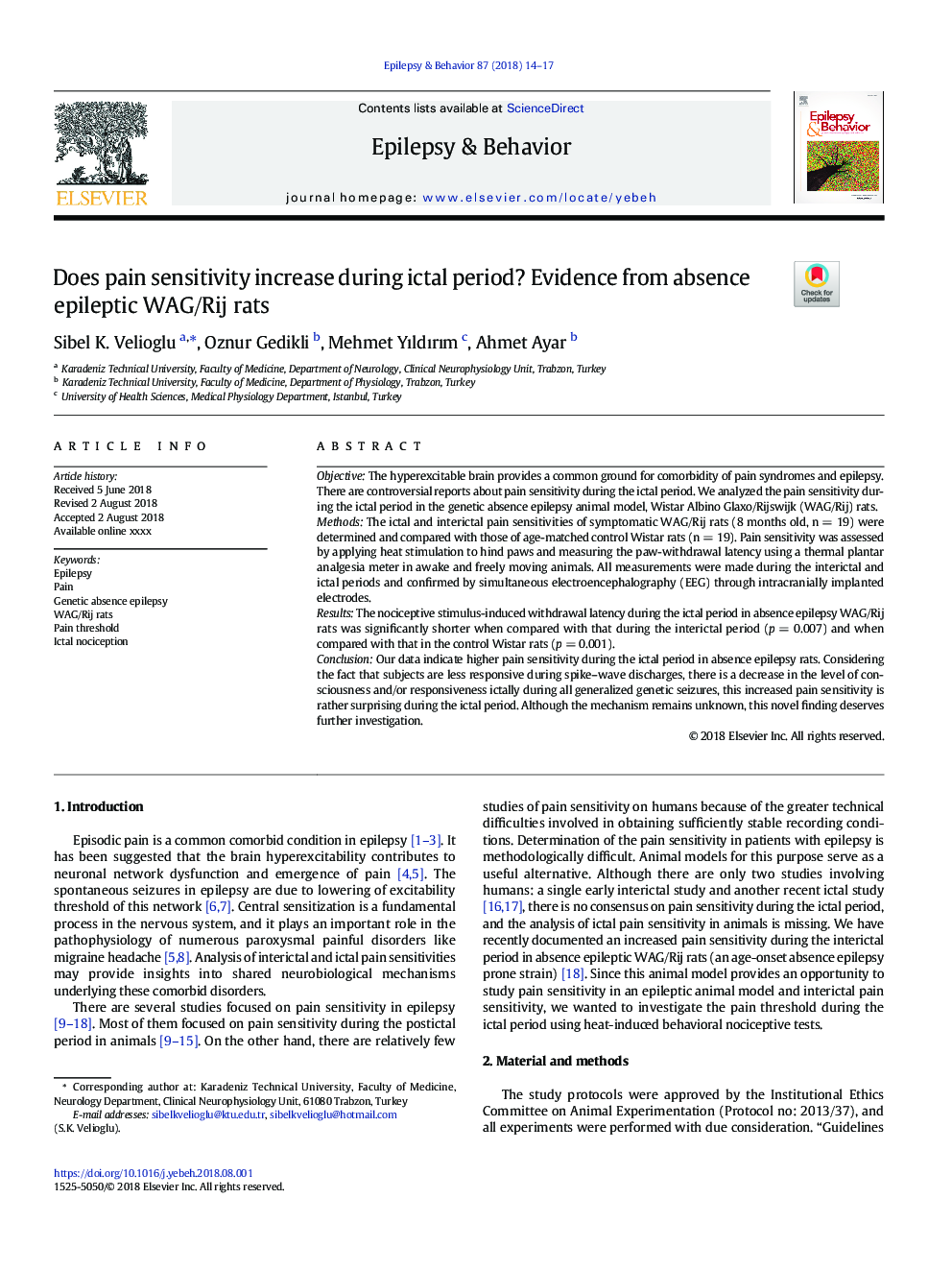 Does pain sensitivity increase during ictal period? Evidence from absence epileptic WAG/Rij rats