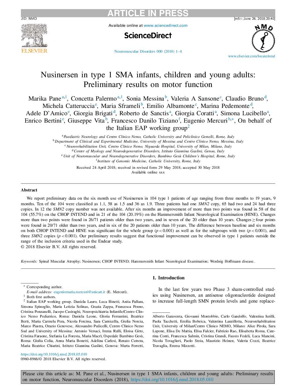 Nusinersen in type 1 SMA infants, children and young adults: Preliminary results on motor function