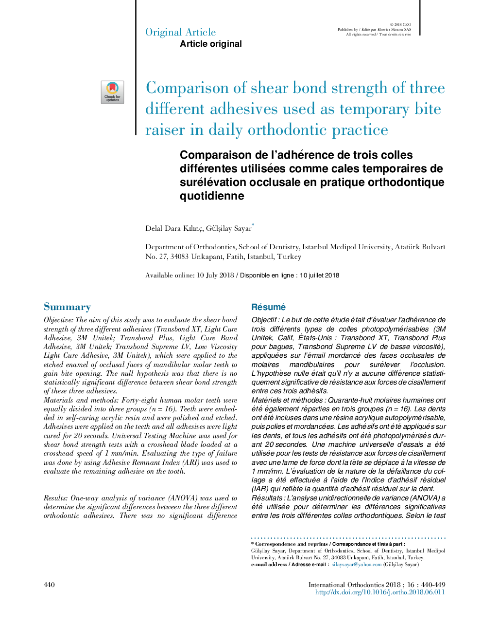 Comparaison de l'adhérence de trois colles différentes utilisées comme cales temporaires de surélévation occlusale en pratique orthodontique quotidienne