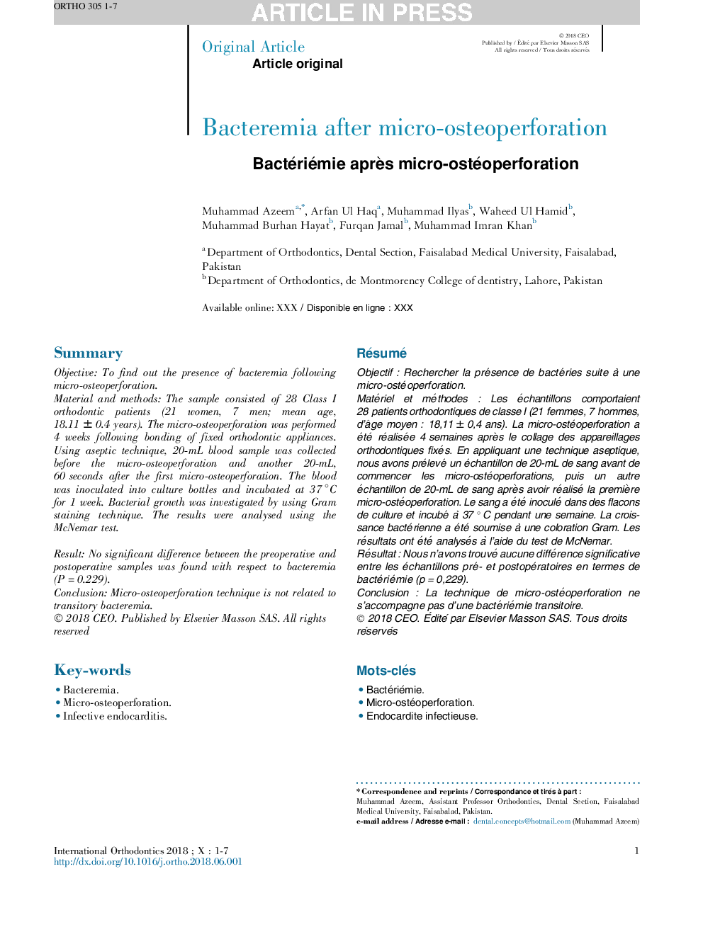 Bactériémie aprÃ¨s micro-ostéoperforation