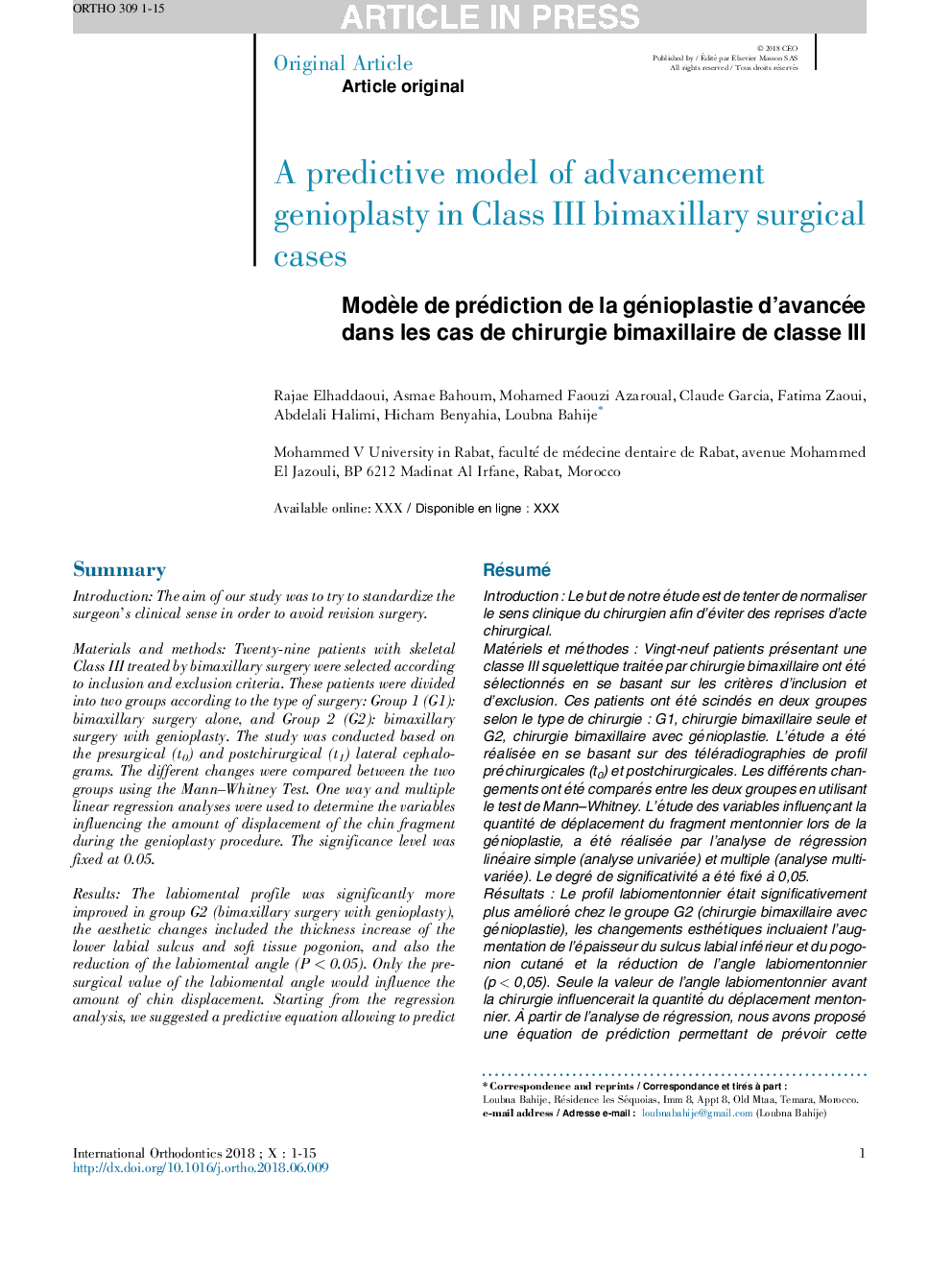 ModÃ¨le de prédiction de la génioplastie d'avancée dans les cas de chirurgie bimaxillaire de classe III