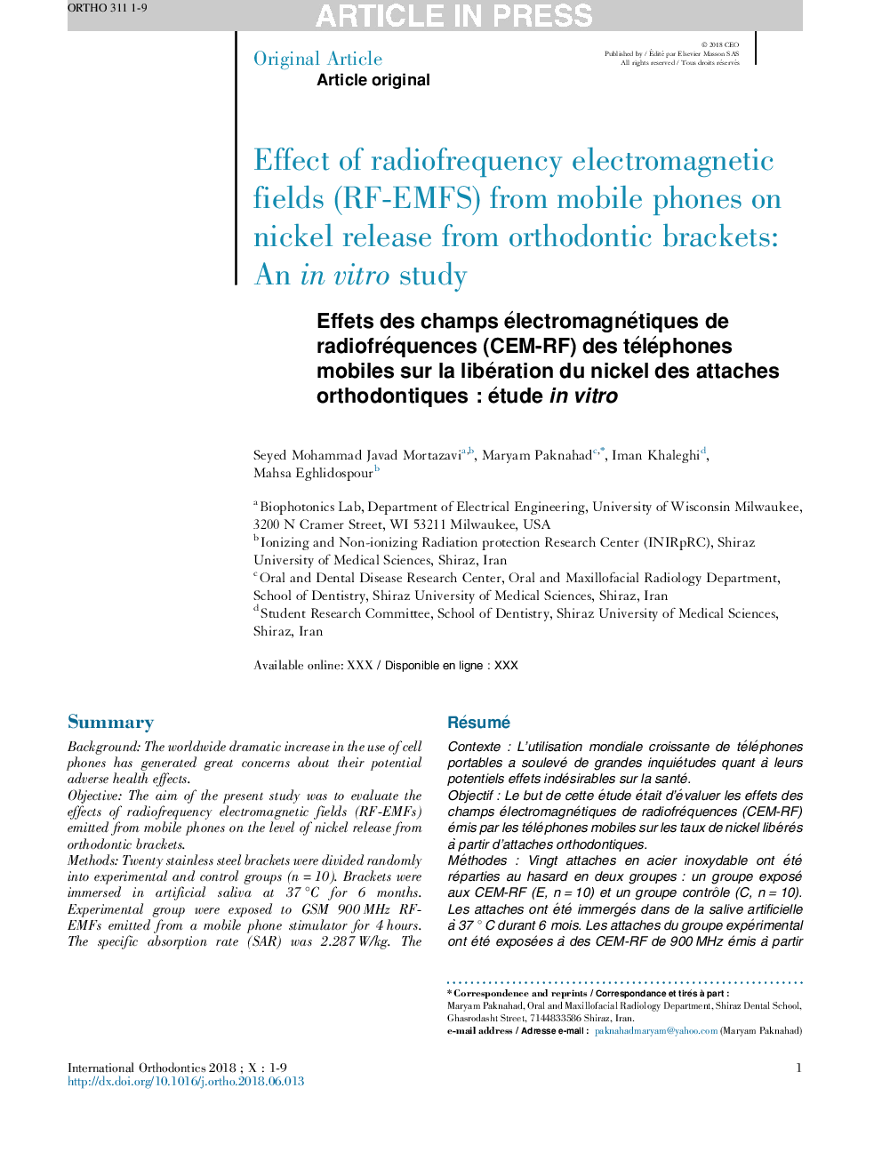 Effets des champs électromagnétiques de radiofréquences (CEM-RF) des téléphones mobiles sur la libération du nickel des attaches orthodontiquesÂ : étude in vitro