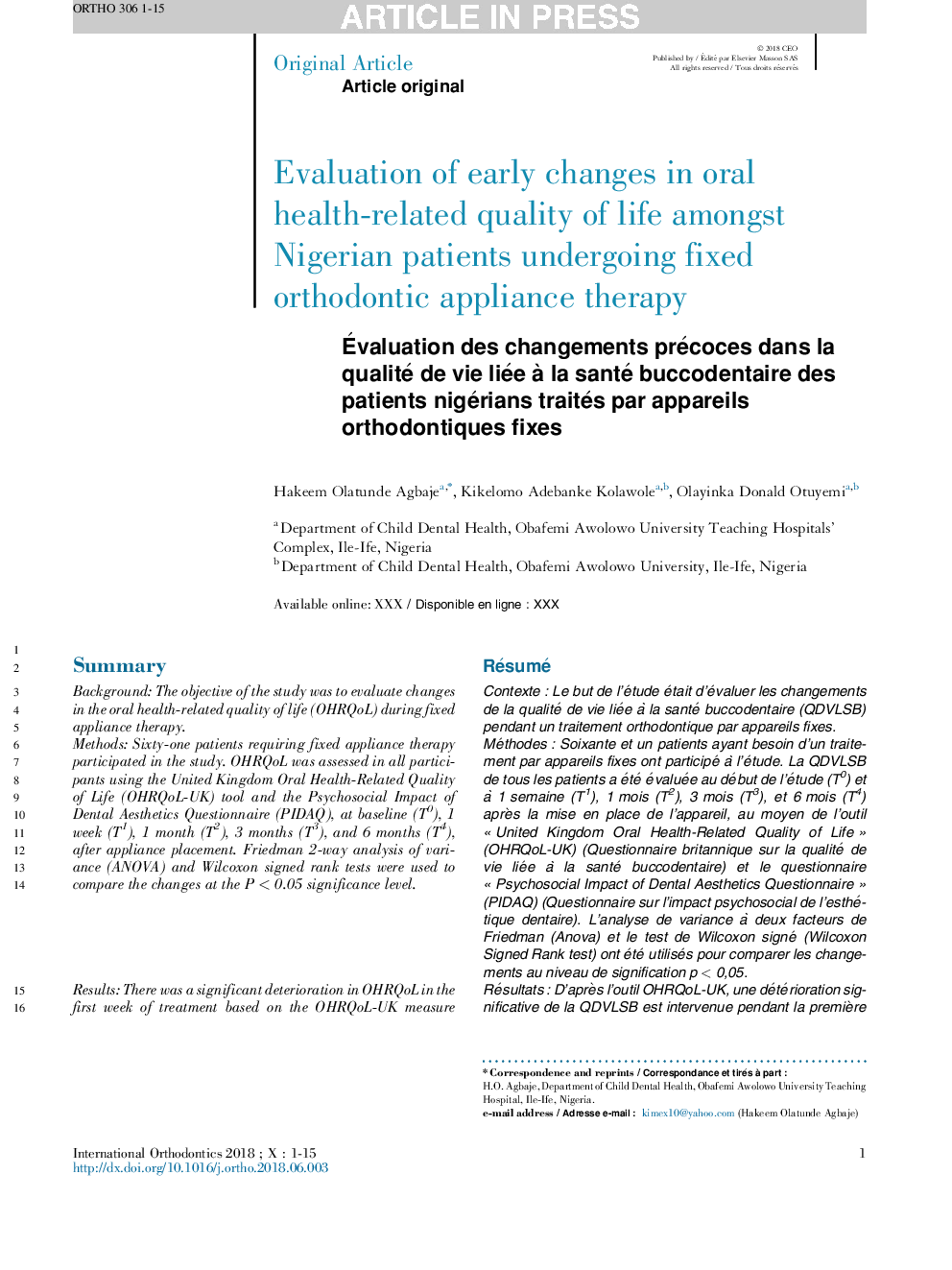 ارزیابی تغییرات اولیه در کیفیت زندگی مرتبط با سلامتی دهان و دندان در بیماران نیجریه که تحت درمان با دستگاه ثابت ارتودنسی قرار دارند